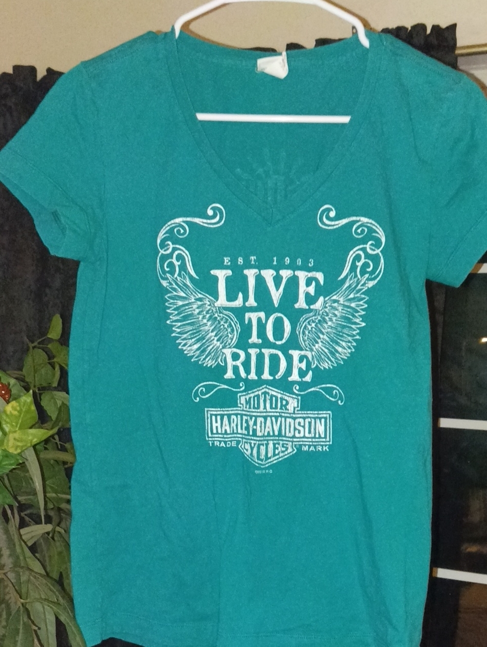 Harley-Davidson Teal V-Neck 'Live to Ride' Short Sleeve Tee Size Small